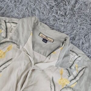 Tommy Bahama Mens Large Grey 100% Silk Floral Herringbone Camp Shirt